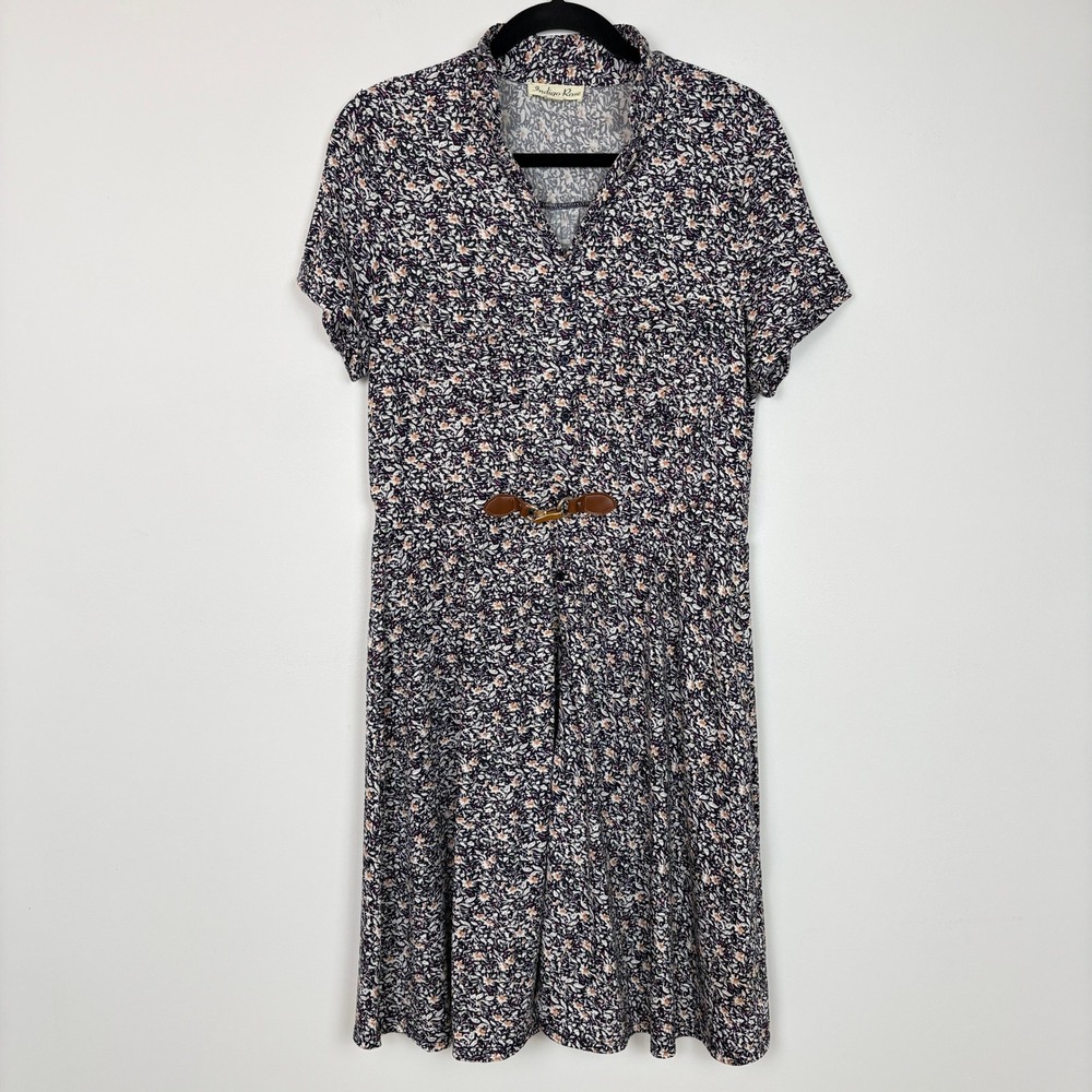 Indigo Rose Women Button Front Floral Dress L‎ Navy Buckle Modest Office Church